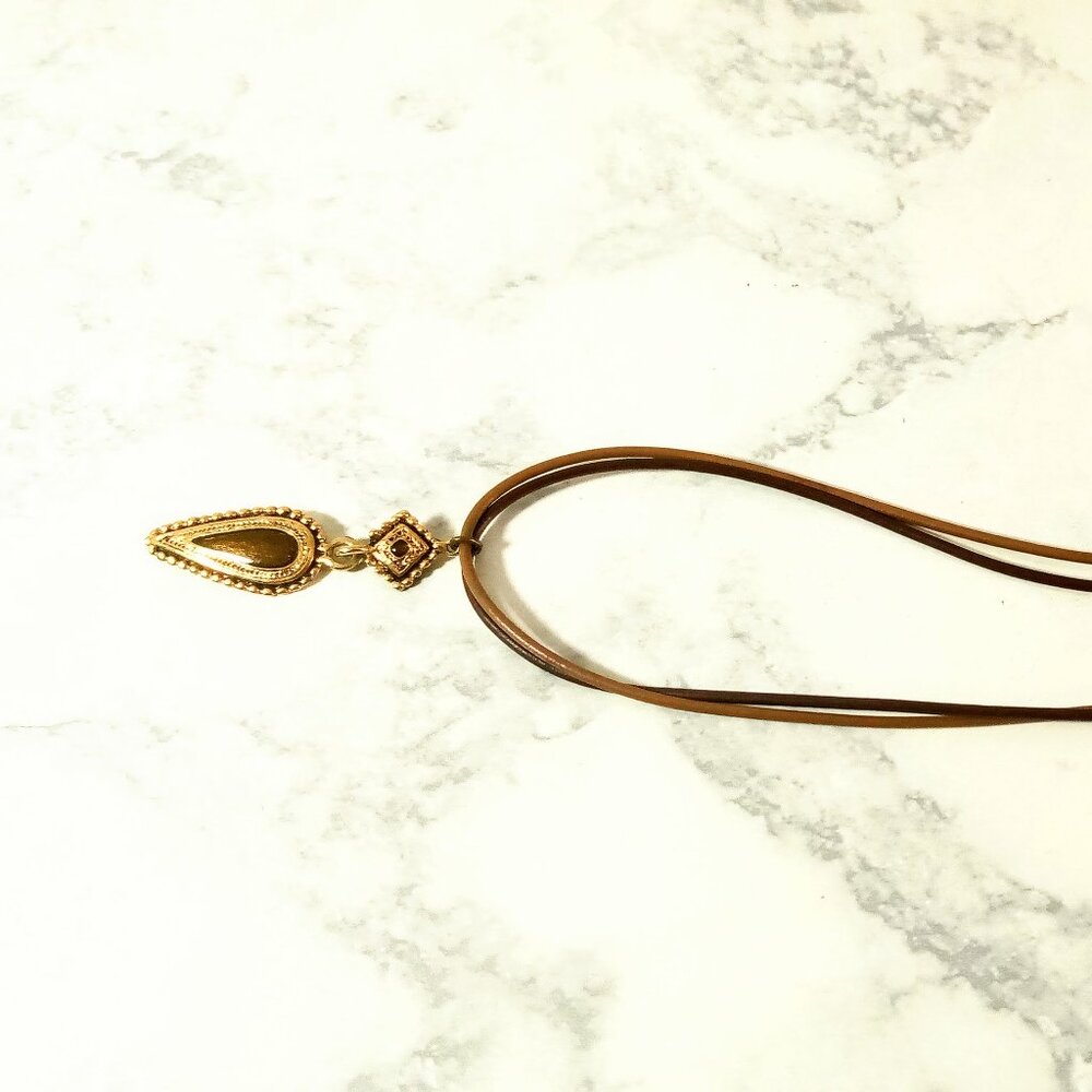 SOLD!! Vintage 80's Gold Choker Two Strand, Two Tone Brown Leather Cords 15.5" L